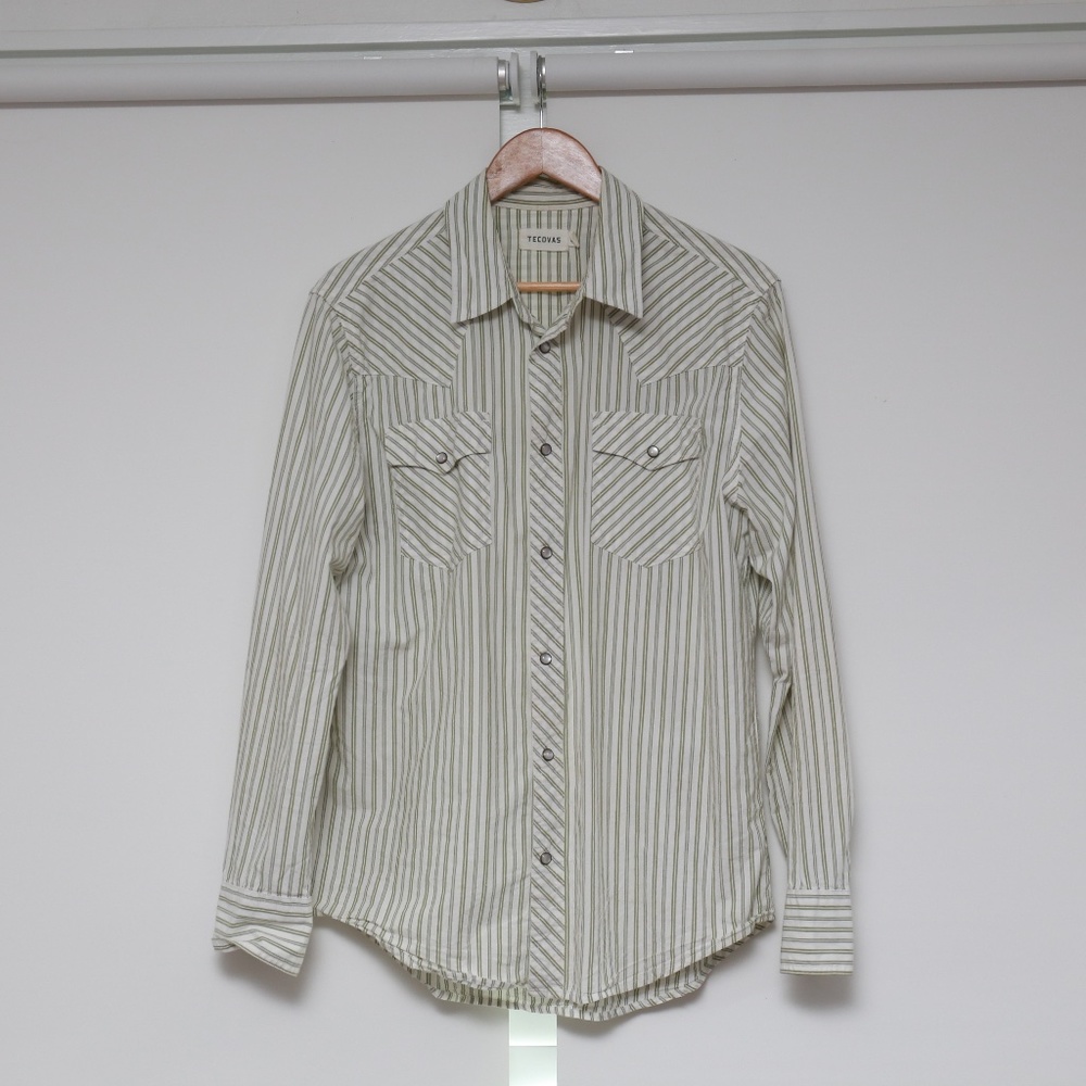 Tecovas cowboy pearl snap western shirt mens size M white and green stripe